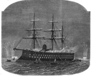 Schiffsbeleuchtung im Hafen von Spithead während der Reise des ägyptischen Sultans Ismail Pascha (1830-1895) nach England. Gravur in "The Illustrous Universe" von Unknown artist