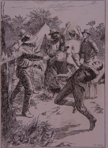 Ned Kelly tötet Polizeibeamten Lonigan am Stringybark Creek im Jahr 1878 (Stich) von Unknown artist