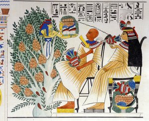 Nephtys, ägyptische Göttin, entspringt dem mystischen Baum und bietet dem Verstorbenen Nahrung an - in „Monuments of Egypt and Upper Nubia“ von Ippolito Rosellini. 19. Jahrhundert