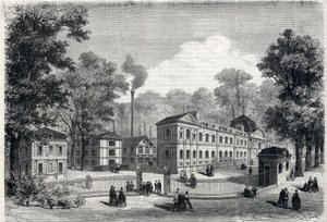 Neues Gebäude der kaiserlichen Porzellanfabrik in Sevres im Jahr 1868. Gravur in „L