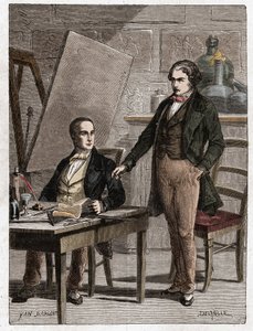 Niepce liest Louis Daguerre die Beschreibung der Heliografie vor, zur Fixierung von Bildern aus der Camera Obscura - Nicephore Niepce (1765-1833), französischer Erfinder, Pionier der Fotografie, liest Daguerre die Beschreibung seiner Methode zur Fixierung 