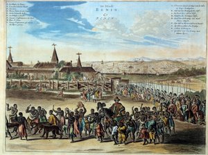 Nigeria Hauptstadt des Königreichs Benin feierlicher Auszug von König Houegbadja (1645-1689), in Obamey im Jahr 1680. Gravur von 1686. Paris, Afrikanische und Ozeanische Künste. von Unknown artist