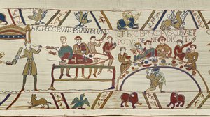 Normannische Diener bereiten ein Bankett für Wilhelm vor und Bischof Odo segnet das Mahl, Teppich von Bayeux von Unknown artist