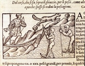 Norwegische Jäger auf Skiern. Gravur von Olaus Magnus (1490 - 1557), schwedischer Geistlicher und Geograph, „Historia de Gentis Septentrionalibus“, Venedig