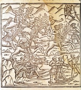 Norwegische Jäger auf Skiern und Rentieren. Gravur von Olaus Magnus (1490 - 1557), schwedischer Geistlicher und Geograph, „Historia de Gentis Septentrionalibus“, Venedig von Unknown artist