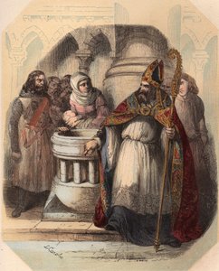 Notger (930-1008) (Notker von Lüttich), Bischof von Lüttich, während der Taufe von Otto III. (980-1002), König von Deutschland. Gravur von 1868 in „Histoire de Belgique von den frühesten Zeiten bis zum Ende der Herrschaft von Leopold I.“ von Théodore Juste von Unknown artist