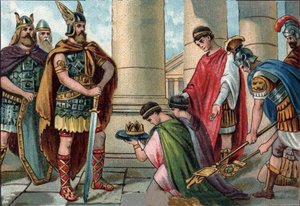 Odoaker (Odovacar, 435-493), Anführer der Heruler, zwingt Romulus Augustulus zur Abdankung, in Latein Flavius Romulus Augustus (oder Romulus Augustulus), um 460 - 511), letzter römischer Kaiser des Westens im Jahr 476. Chromolithographie um 1890