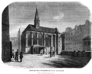 Alte Chapelle des Carmes, Rue Jean de Beauvais in Paris im 5. Arrondissement. Gravur von 1858. von Unknown artist