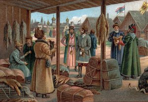Alte Einkaufszentren: Pelzmesse in Nowgorod (Weliki Nowgorod), Russland im 19. Jahrhundert. Chromolithographie aus dem späten 19. Jahrhundert.