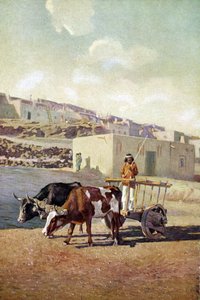 Alte Caretta (Karren) gezogen von zwei Ochsen, gefahren von einem Indianer des Pueblo-Volkes in Laguna, New Mexico von Unknown artist