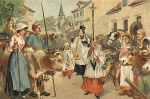 Alte Tradition im Nivernais: Die Segnung der Herden. Chromolithographie aus dem späten 19. Jahrhundert.