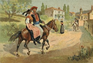 Alte Tradition in der Provence: Die Versammlung der Camarguais. Chromolithographie aus dem späten 19. Jahrhundert. von Unknown artist