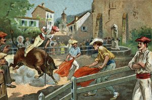 Alte Tradition in der Region Biskaya: Landaise-Rennen in einem Dorf. Chromolithographie des späten 19. Jahrhunderts von Unknown artist