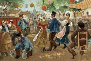 Altes Brauchtum in Flandern: Flämischer Jahrmarkt. Chromolithographie aus dem späten 19. Jahrhundert