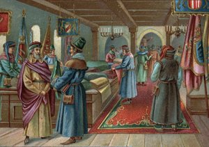 Alte Einkaufszentren: Leinenhalle in Brügge, Belgien im 15. Jahrhundert. Chromolithographie des späten 19. Jahrhunderts