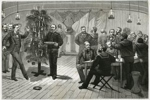 In der Weihnachtsnacht an Bord der La Vega, einem im Eis des Polarkreises gefangenen Schiff, ersetzte die Besatzung den Tannenbaum durch Schwimmholz, eine Wand aus Weidenzweigen, geschmückt mit Papier und Kerzen sowie verschiedenen kleinen Gegenständen, di