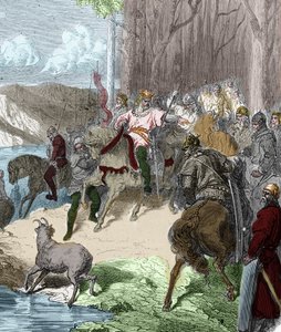 Am Vorabend der Schlacht von Vouillé (507) findet Chlodwig I., einer Hirschkuh folgend, eine Quelle an der Wien, die von Lilien enthüllt wird. Er trägt die Blume als Siegespfand und nimmt sie dann als sein Emblem. Gravur in „Histoire De France En Cent Pein von Unknown artist