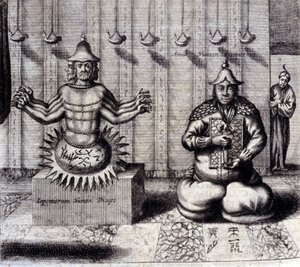 Links, hinduistische Gottheit mit acht Armen, rechts Amida, japanischer Buddha. „De China Monumenta“ von Athanasius Kircher (1601 - 1680), Jesuit, Orientalist und deutscher Gelehrter, Amsterdam 1667. von Unknown artist