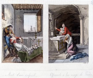 Links, Tod eines Kindes und Trauer der Eltern. Rechts, ein Opfer für die Jungfrau von Guada Lupa. Lithographie des 19. Jahrhunderts von Unknown artist