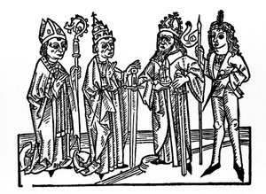 Links: der Bischof, der Papst, der Kaiser und der edle Reiter. Die Hauptvertreter der sozialen Klassen des Feudalzeitalters. Gravur aus „Leben der Heiligen - Sommerteil“ (Das Buch der Heiligen) von Jacobus (James) von Voragine (1228-1298). Lu von Unknown artist