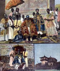 Oben ist die Kaiserin Taitou von Äthiopien, Ehefrau von Menelik II. und ihr Gefolge. Unten links ist ihre Tochter, die zukünftige Königin Zaouditou (1876 - 1930). Rechts der Kaiserpalast Ghebi in Addis Abeba. Ill. für die späte 19. Jahrhundert Presse von Unknown artist