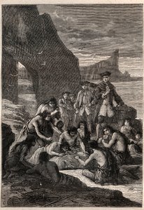 Einer von ihnen zerlegte mit den Zähnen: Vizeadmiral John Byron (1723-1786) auf einer der Inseln der Magellanstraße - die Feuerländer zerlegen mit ihren Zähnen einen Wal, der am Strand zerrissen und versteinert war - Illustration