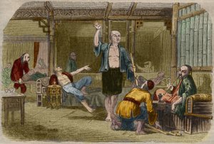 Opiumraucher in China Mitte des 19. Jahrhunderts. Gravur von 1857 in „Le Musee Des Sciences“ von Unknown artist