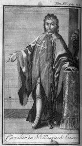 Ritterorden. Ritter von St. Mauritius und Lazarus in Savoyen im 16. Jahrhundert. In "Geschichte der militärischen Orden oder Ritter, der säkularen und regulären Milizen beider Geschlechter, die bisher gegründet wurden. Ausgabe von Abbe Giustiniani, R.P. Bo von Unknown artist