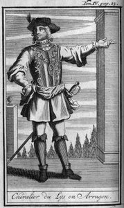 Ritterorden. Ritter des Ordens der Lilie in Aragon im 15. Jahrhundert. In „Geschichte der militärischen Orden oder Ritter, der säkularen und regulären Milizen beider Geschlechter, die bisher gegründet wurden“. Ausgabe von Abbe Giustiniani, R.P.Bonani, M. H