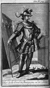 Ritterorden. Ritter des Kreuzes von Burgund oder Tunis. In "Geschichte der militärischen Orden oder Ritter, der sicheren und routinemäßigen Milizen beider Geschlechter, die bisher gegründet wurden. Ausgabe von Abbe Giustiniani, R.P. Bonani, M. Herman, Scho