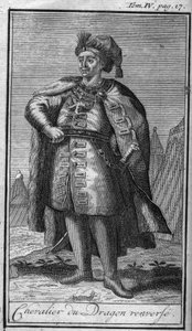 Ritterorden. Ritter des Drachen. In "Geschichte der militärischen Orden oder Ritter, der sicheren und routinemäßigen Milizen beider Geschlechter, die bisher gegründet wurden. Ausgabe von Abbe Giustiniani, R.P. Bonani, M. Herman, Schoonebeek, R.P."
