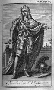 Ritterorden. Ritter des Elefanten in Dänemark im 15. Jahrhundert. In „Geschichte der militärischen Orden oder Ritter, der sicheren und routinemäßigen Milizen beider Geschlechter, die bisher gegründet wurden“. Ausgabe von Abbe Giustiniani, R.P.Bonani, M. He