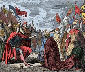 Ottokar II. (1230-1278) Huldigung an Rudolf I. - Ottokar II. (1233-1278) König von Böhmen, huldigt Rudolf I. des Heiligen Römischen Reiches (oder Rudolf IV. von Habsburg) (1218-1291), nach der Schlacht von Marchfeld, 1278 von Unknown artist
