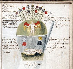 Seite aus einem Alchemie-Notizbuch, ein Paar und ein Engel von Unknown artist
