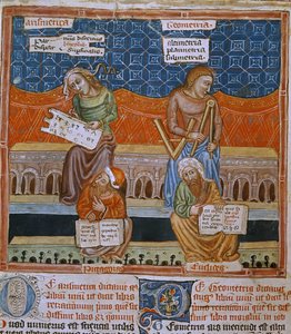 Seite eines Manuskripts, das die Allegorien von Arithmetik und Geometrie darstellt