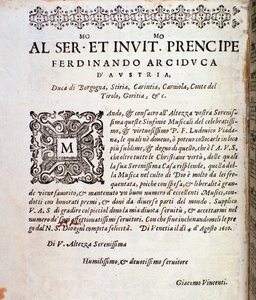 Widmungsseite an Ferdinand von Österreich in der Partitur von Sinfonie musicali von Ludovico Viadana