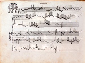 Seite der Partitur von Harmonice Musices Odhecaton von Ottaviano Petrucci (1501)