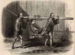 Palanquin zur Nutzung durch das Volk, offen, der Benutzer legt seine Sachen auf das Dach, bevor er sich niederlässt, um seine Reise zu machen. Gravur zur Illustration der Reise nach Japan in den Jahren 1863-1864 von Aimé Humbert, Minister der Schweizerisch von Unknown artist