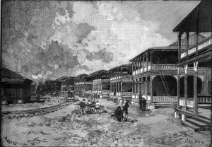 Panamakanal. Straße der neuen Stadt Christoph Kolumbus in Colon: Arbeiterwohnungen. Gravur in „Le Monde Illustré“. von Unknown artist