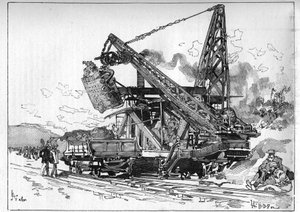 Arbeiten am Panamakanal. Hauptmaschinen: Osgood-Bagger. Gravur in "Le Monde Illustré"