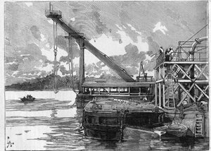 Arbeiten am Panamakanal. Hauptmaschinen: der Bigue-Ponton. Gravur in „Le Monde Illustré“