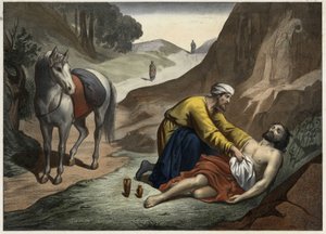 Gleichnis vom barmherzigen Samariter: Der Samariter hielt auf seinem Weg an, um dem sterbenden Mann zu helfen. Anonyme Gravur aus der Mitte des 19. Jahrhunderts. von Unknown artist