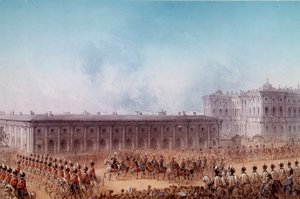 Parade mit Alexander II. vor dem Anitschkow-Palast in St. Petersburg im Jahr 1856