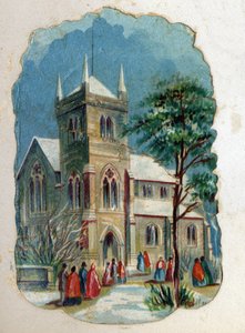 Kirchgänger auf dem Weg zur Sonntagsmesse. Chromolithographie um 1890. von Unknown artist
