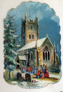 Pfarrangehörige gehen zur Sonntagsmesse in eine Kirche. Chromolithographie um 1890. von Unknown artist