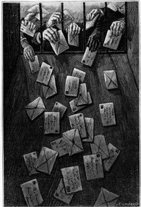 Pariser deponieren ihre Post im Hauptpostamt in der Rue de Louvre vor dem letzten Morgen. Gravur im Journal „La jeunesse“. von Unknown artist