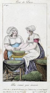 Erbsenhändler: zwei Frauen schälen Erbsen - in „Cris de Paris“, Anfang des 19. Jahrhunderts