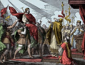 Pippin zum König der Franken ausgerufen - Krönung von Pippin dem Kurzen (714-768), Basilika von Saint Denis, 28. Juli 754: Papst Stephan II. weihte ihn zum König der Franken und Patrizier der Römer (Patricius Romanorum) von Unknown artist