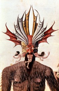 Darstellung von Luzifer (Teufel) in Dantes „Divina Commedia“. Manuskript aus dem 14. Jahrhundert. Biblioteca Trivulziana, Mailand. von Unknown artist