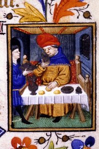 Darstellung des Monats Januar. Ein Diener stellt Essen auf den Tisch seines Herrn. Miniatur eines Manuskripts aus dem 14. Jahrhundert. von Unknown artist
